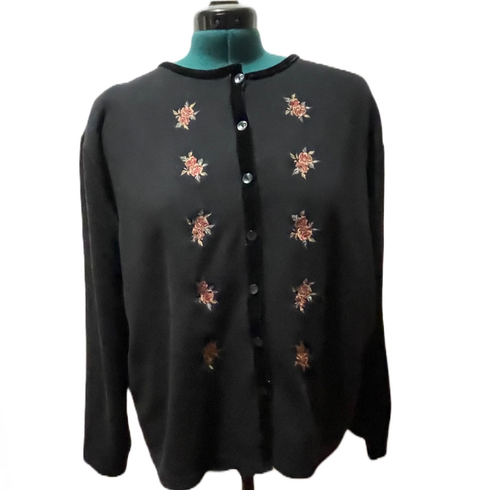 Donn Kenny Black Velvet-Trim Embroidered Cardigan Size 16